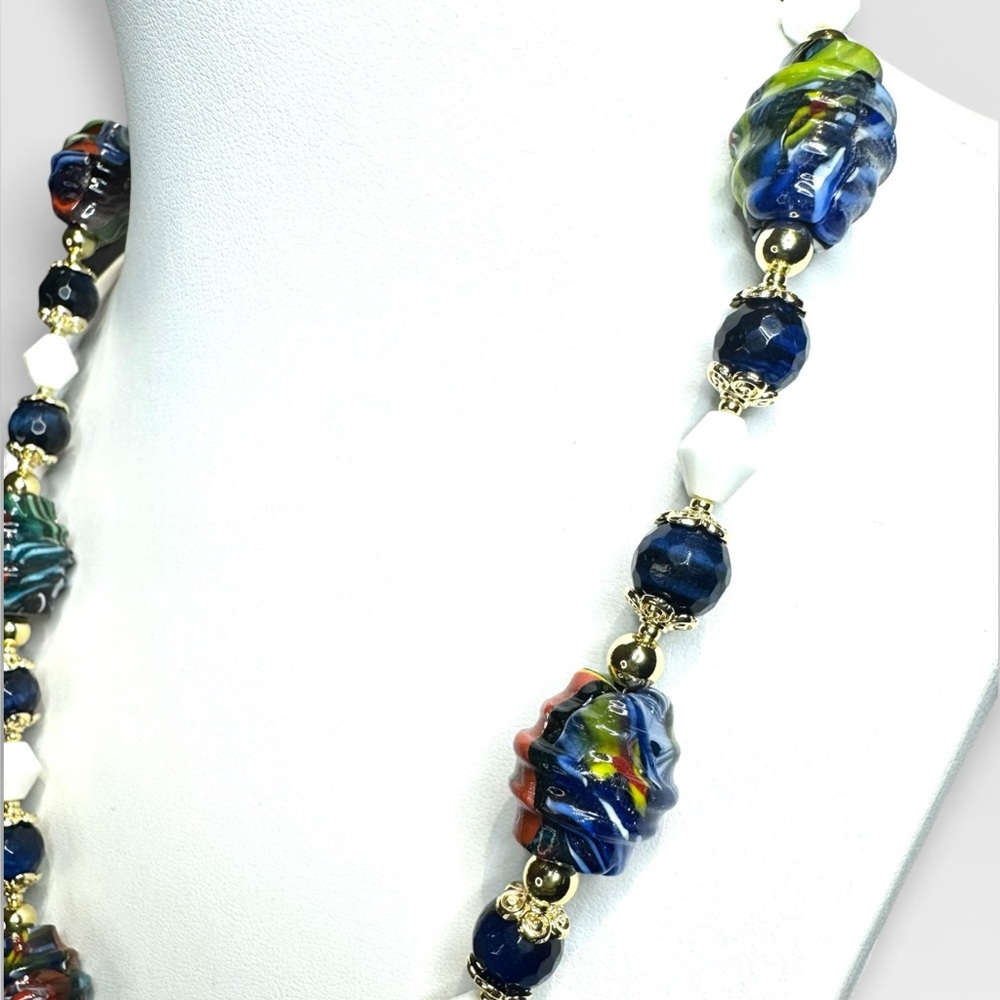 ARTISAN Murano Glass Millefiori, Blue Tiger’s Eye & Vintage Milkglass Necklace - Picture 10 of 16